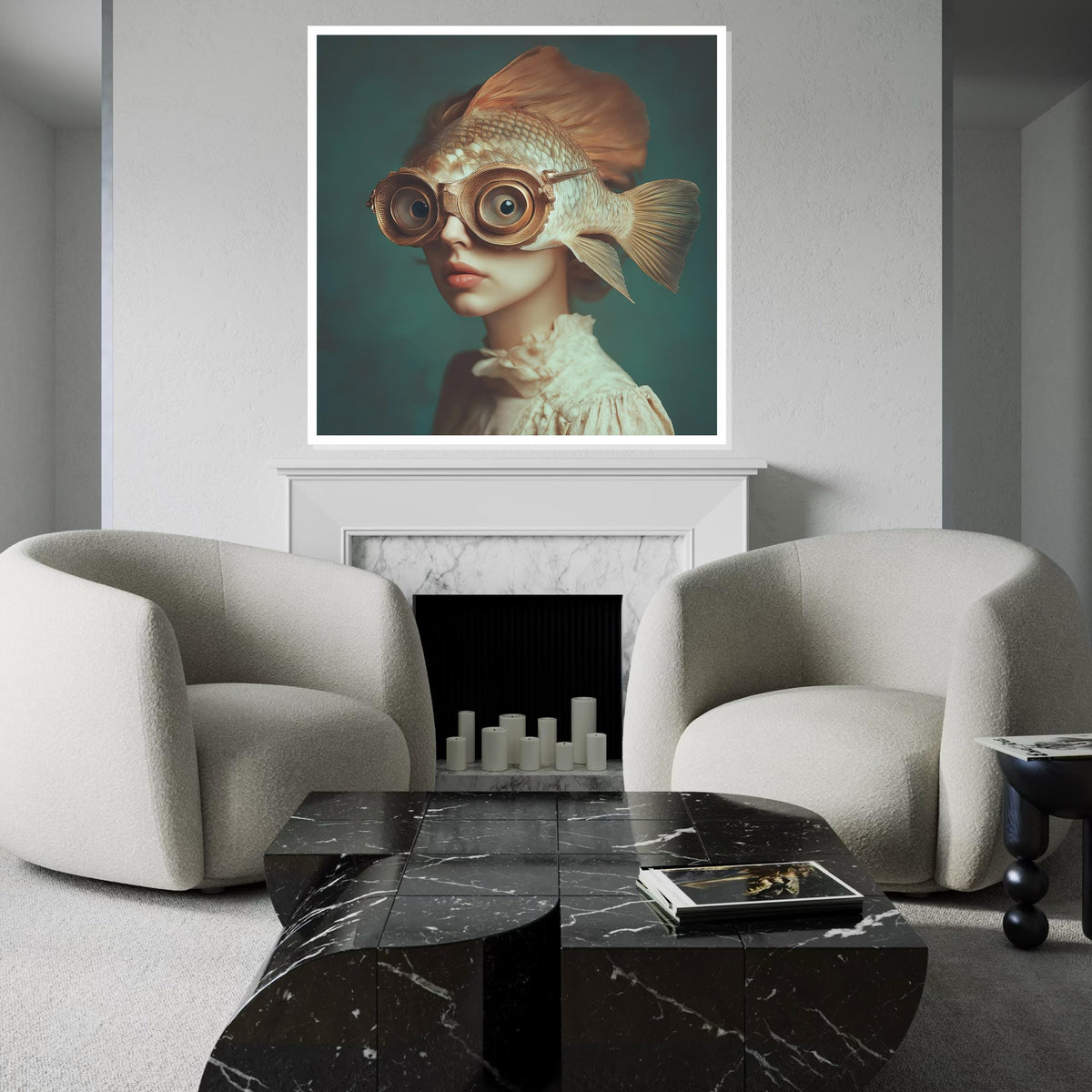 Surreal Fish-Helmet Woman Canvas Print – Oil-Painting Style Steampunk Portrait, Quirky Fantasy Wall Art for Bedroom or Office Decor