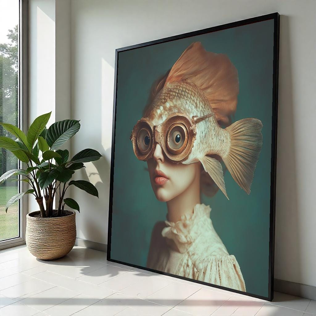 Surreal Fish-Helmet Woman Canvas Print – Oil-Painting Style Steampunk Portrait, Quirky Fantasy Wall Art for Bedroom or Office Decor