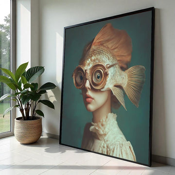 Surreal Fish-Helmet Woman Canvas Print – Oil-Painting Style Steampunk Portrait, Quirky Fantasy Wall Art for Bedroom or Office Decor