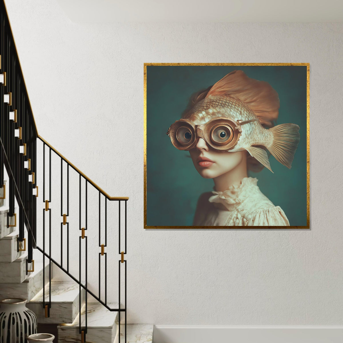 Surreal Fish-Helmet Woman Canvas Print – Oil-Painting Style Steampunk Portrait, Quirky Fantasy Wall Art for Bedroom or Office Decor