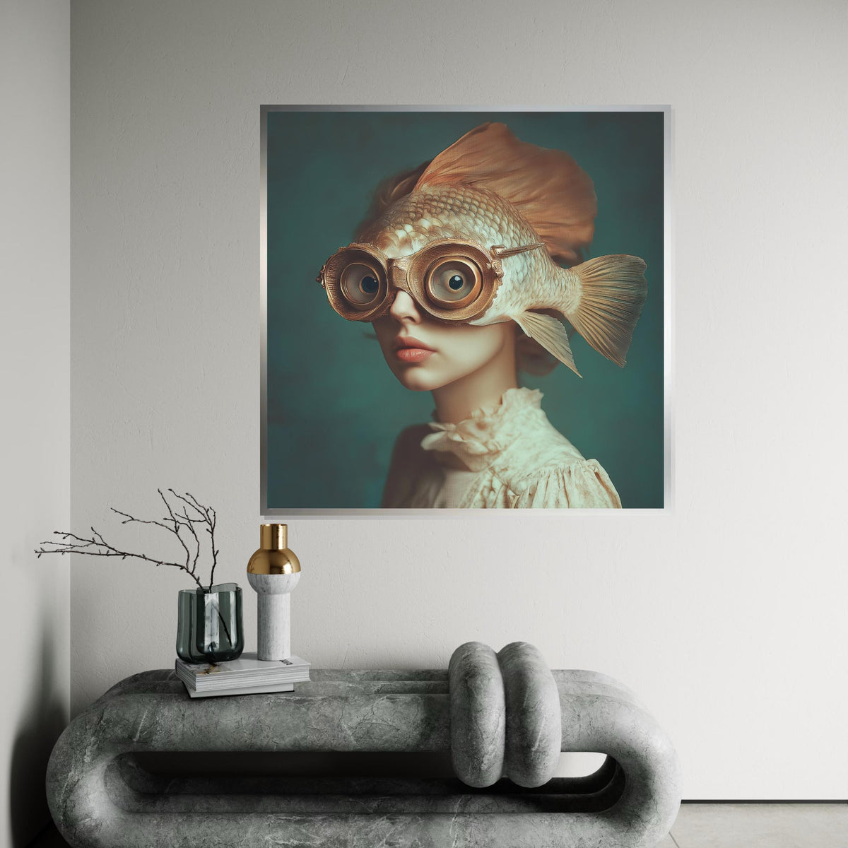 Surreal Fish-Helmet Woman Canvas Print – Oil-Painting Style Steampunk Portrait, Quirky Fantasy Wall Art for Bedroom or Office Decor