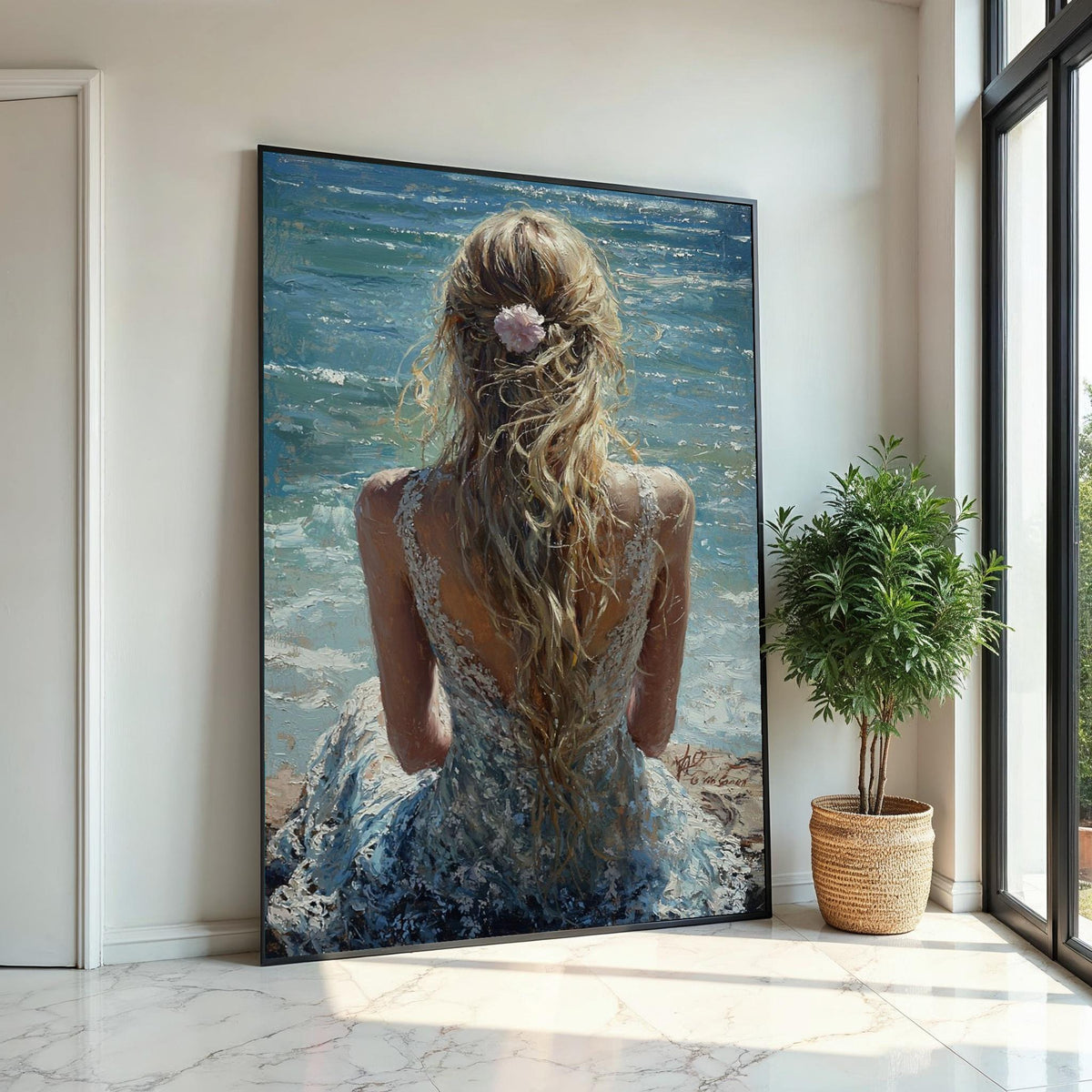 Blonde Woman by Ocean Canvas Print - Impressionist Palette Knife Print, Romantic Beach Back View Wall Art for Bedroom Decor