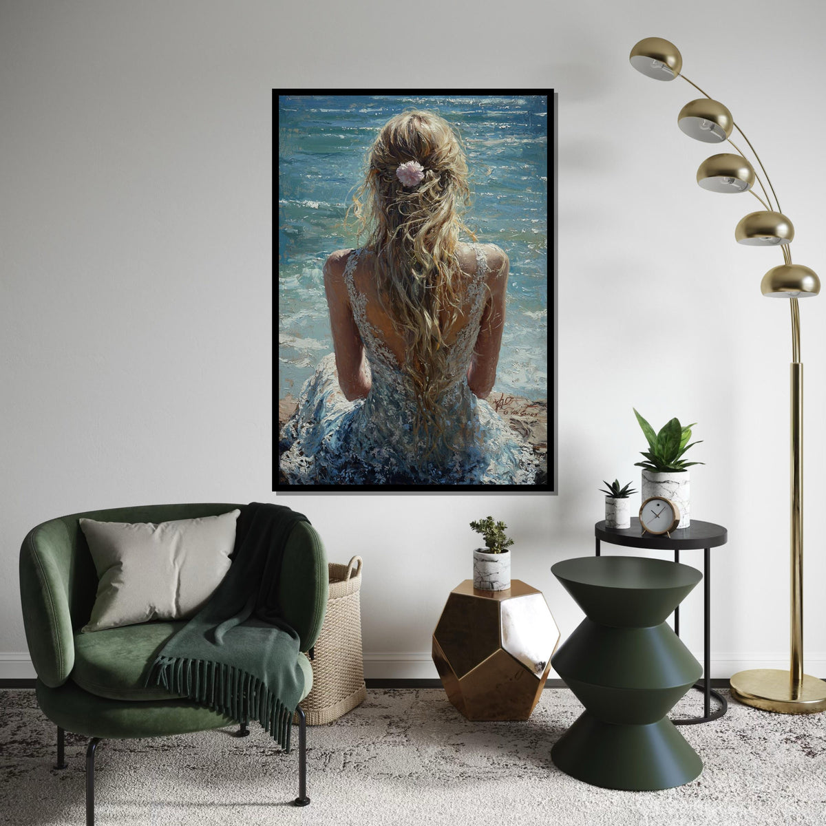 Blonde Woman by Ocean Canvas Print - Impressionist Palette Knife Print, Romantic Beach Back View Wall Art for Bedroom Decor
