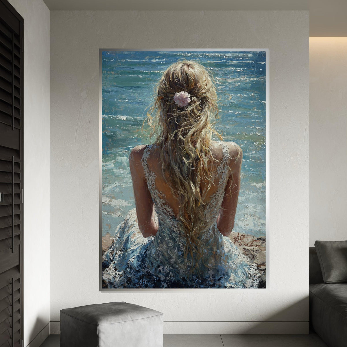Blonde Woman by Ocean Canvas Print - Impressionist Palette Knife Print, Romantic Beach Back View Wall Art for Bedroom Decor