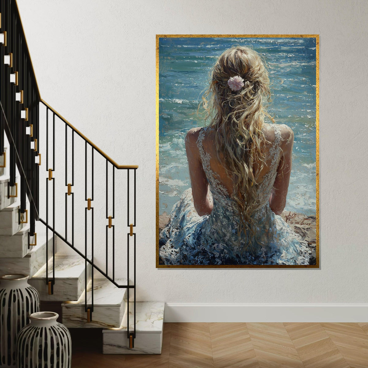 Blonde Woman by Ocean Canvas Print - Impressionist Palette Knife Print, Romantic Beach Back View Wall Art for Bedroom Decor