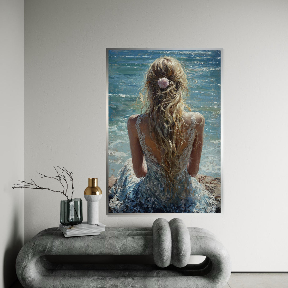 Blonde Woman by Ocean Canvas Print - Impressionist Palette Knife Print, Romantic Beach Back View Wall Art for Bedroom Decor