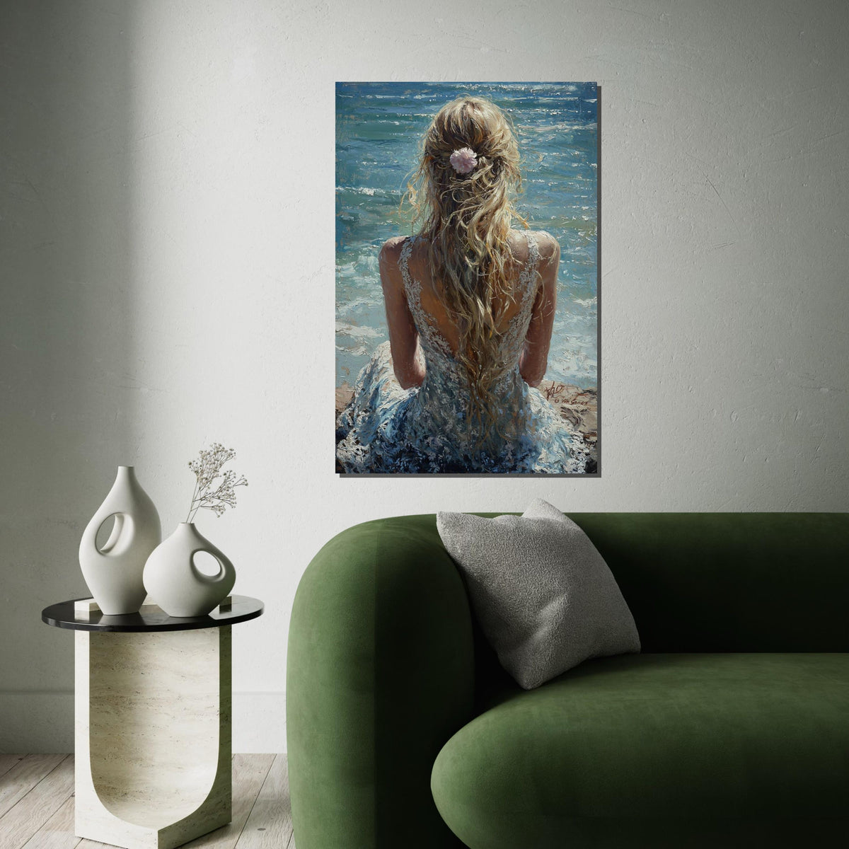 Blonde Woman by Ocean Canvas Print - Impressionist Palette Knife Print, Romantic Beach Back View Wall Art for Bedroom Decor