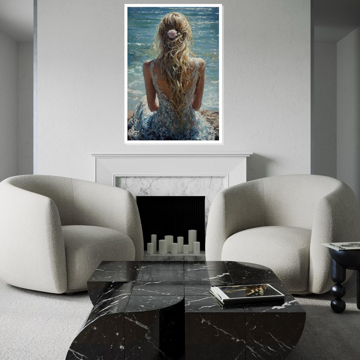 Blonde Woman by Ocean Canvas Print - Impressionist Palette Knife Print, Romantic Beach Back View Wall Art for Bedroom Decor