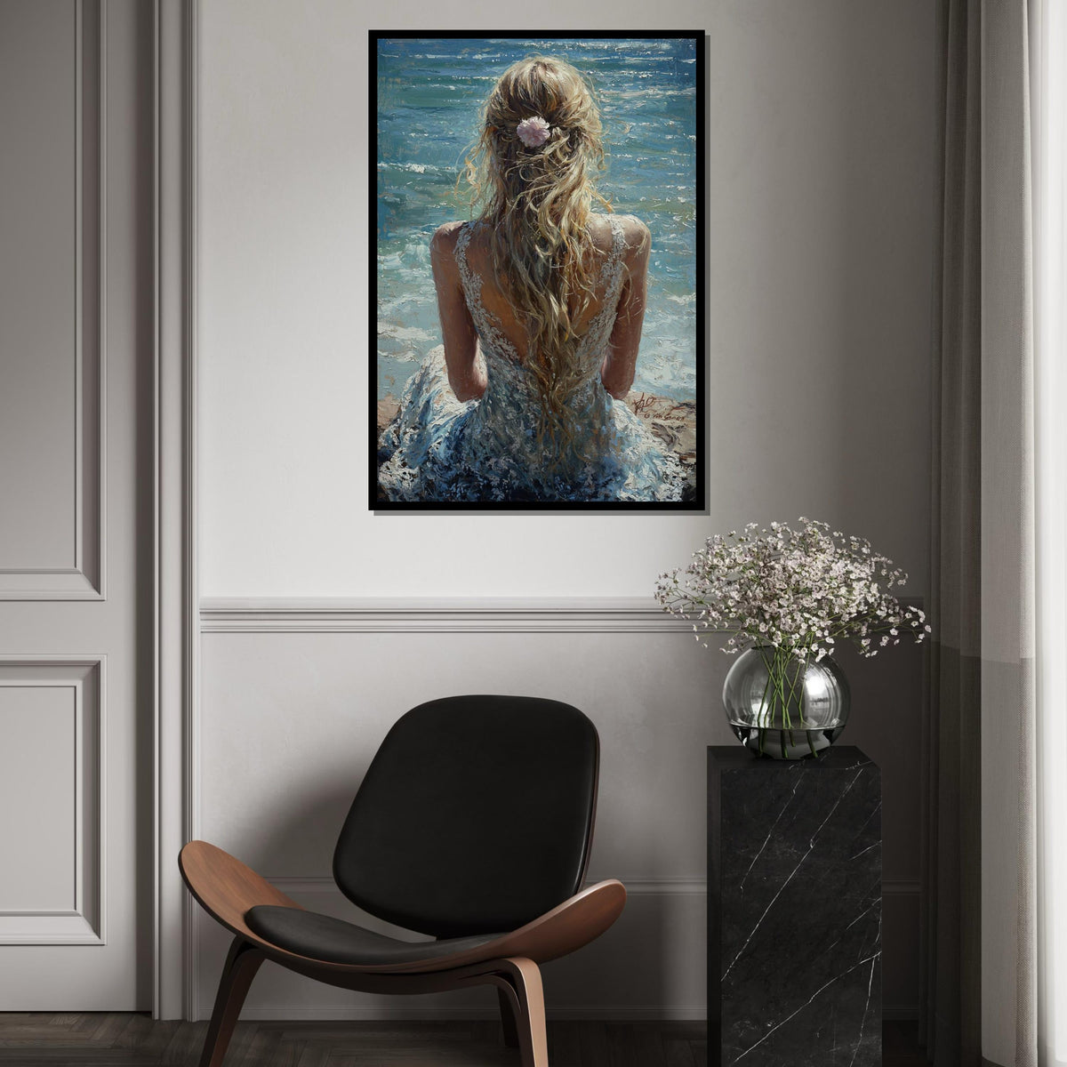 Blonde Woman by Ocean Canvas Print - Impressionist Palette Knife Print, Romantic Beach Back View Wall Art for Bedroom Decor