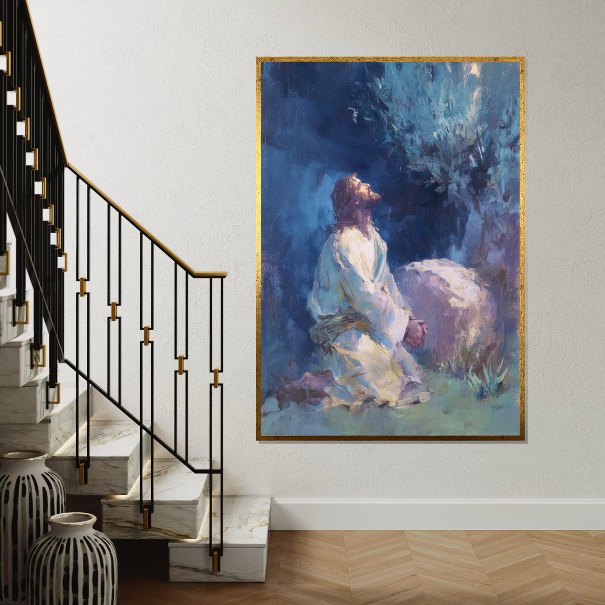 Jesus Praying in Gethsemane Garden Canvas Print - Quiet Night Print, Christian Faith Wall Art for Living Room Decor