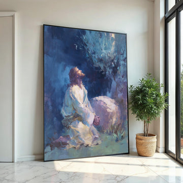 Jesus Praying in Gethsemane Garden Canvas Print - Quiet Night Print, Christian Faith Wall Art for Living Room Decor