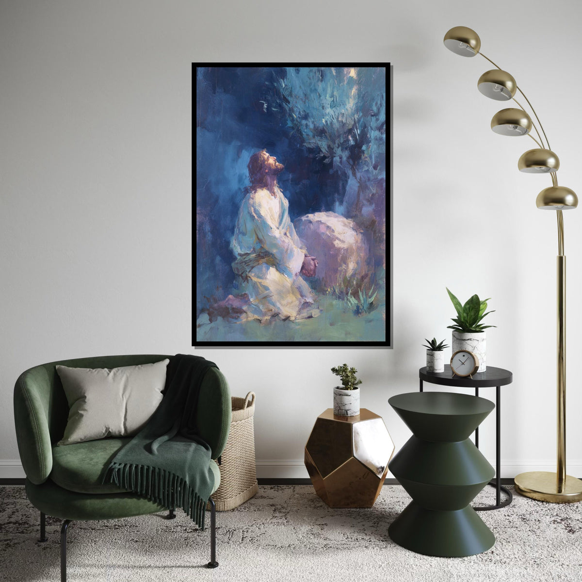 Jesus Praying in Gethsemane Garden Canvas Print - Quiet Night Print, Christian Faith Wall Art for Living Room Decor