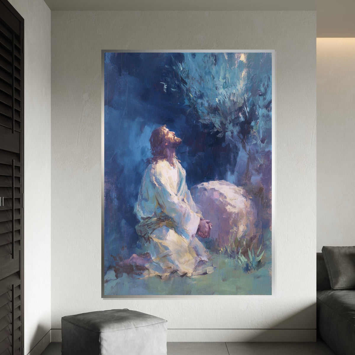 Jesus Praying in Gethsemane Garden Canvas Print - Quiet Night Print, Christian Faith Wall Art for Living Room Decor