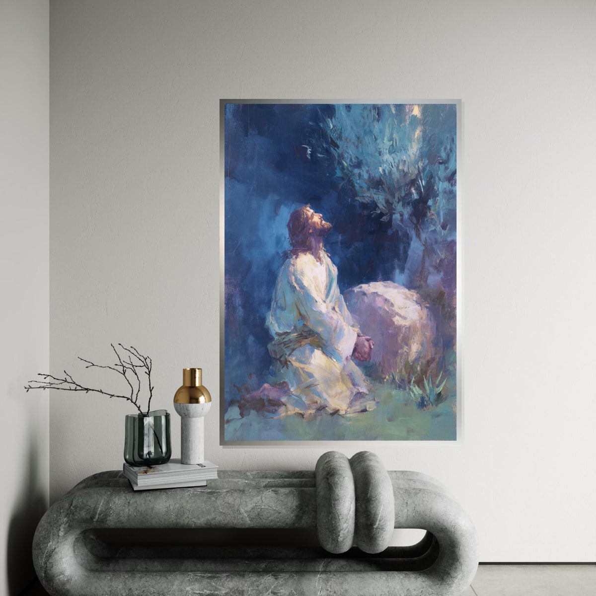 Jesus Praying in Gethsemane Garden Canvas Print - Quiet Night Print, Christian Faith Wall Art for Living Room Decor