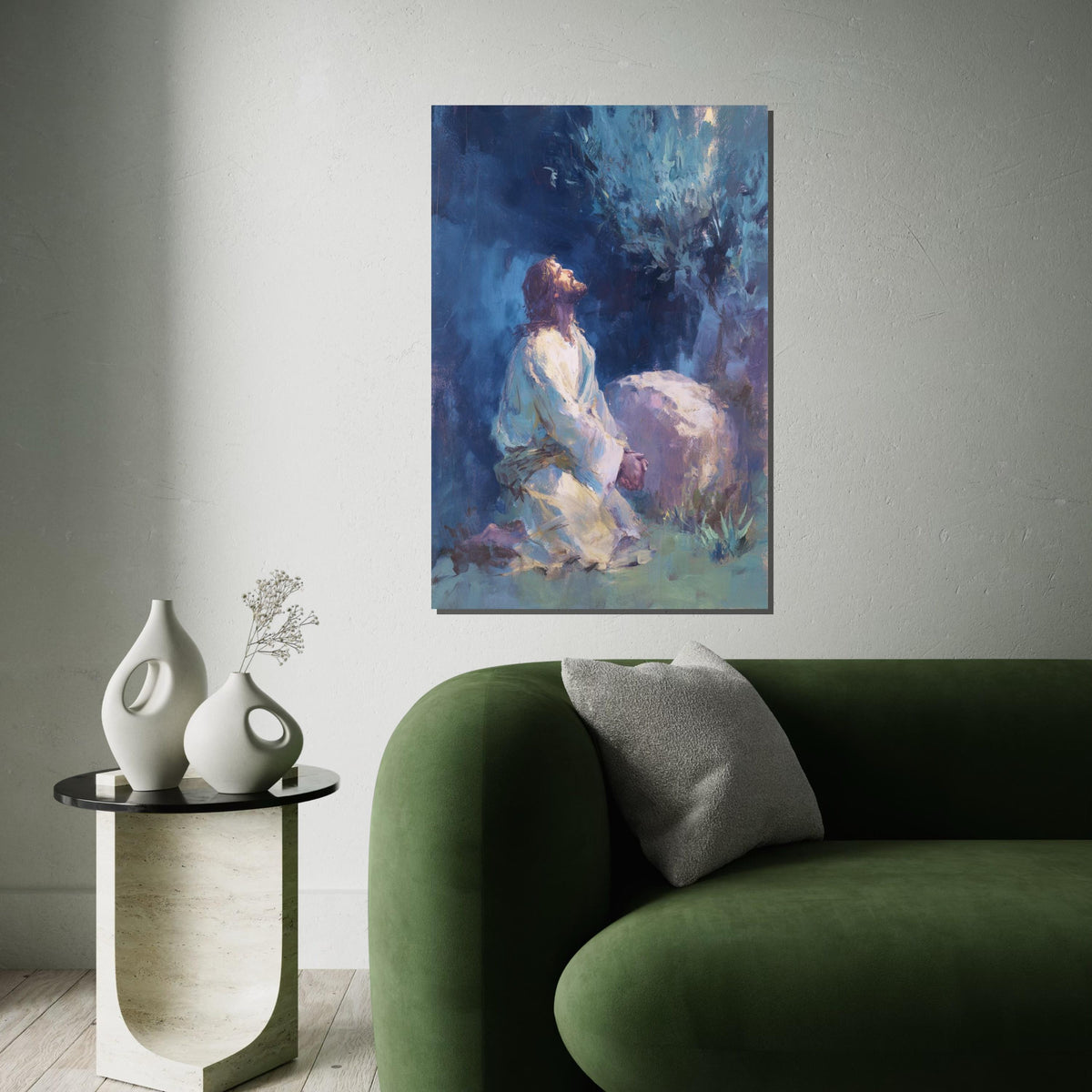 Jesus Praying in Gethsemane Garden Canvas Print - Quiet Night Print, Christian Faith Wall Art for Living Room Decor