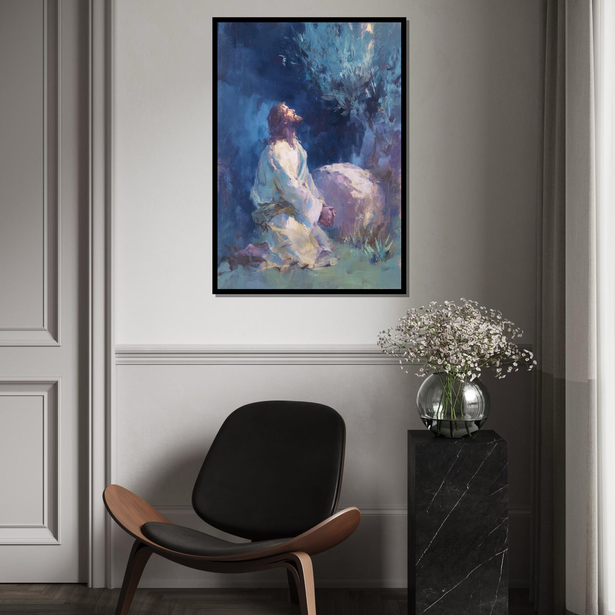 Jesus Praying in Gethsemane Garden Canvas Print - Quiet Night Print, Christian Faith Wall Art for Living Room Decor