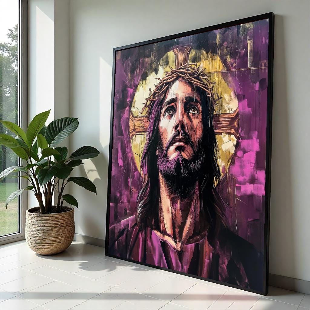 Purple Graffiti Jesus Crown of Thorns Canvas Print - Street Art Oil-Painting Style Christian Wall Art for Living Room Decor