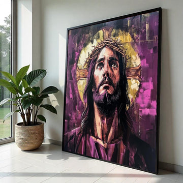 Purple Graffiti Jesus Crown of Thorns Canvas Print - Street Art Oil-Painting Style Christian Wall Art for Living Room Decor