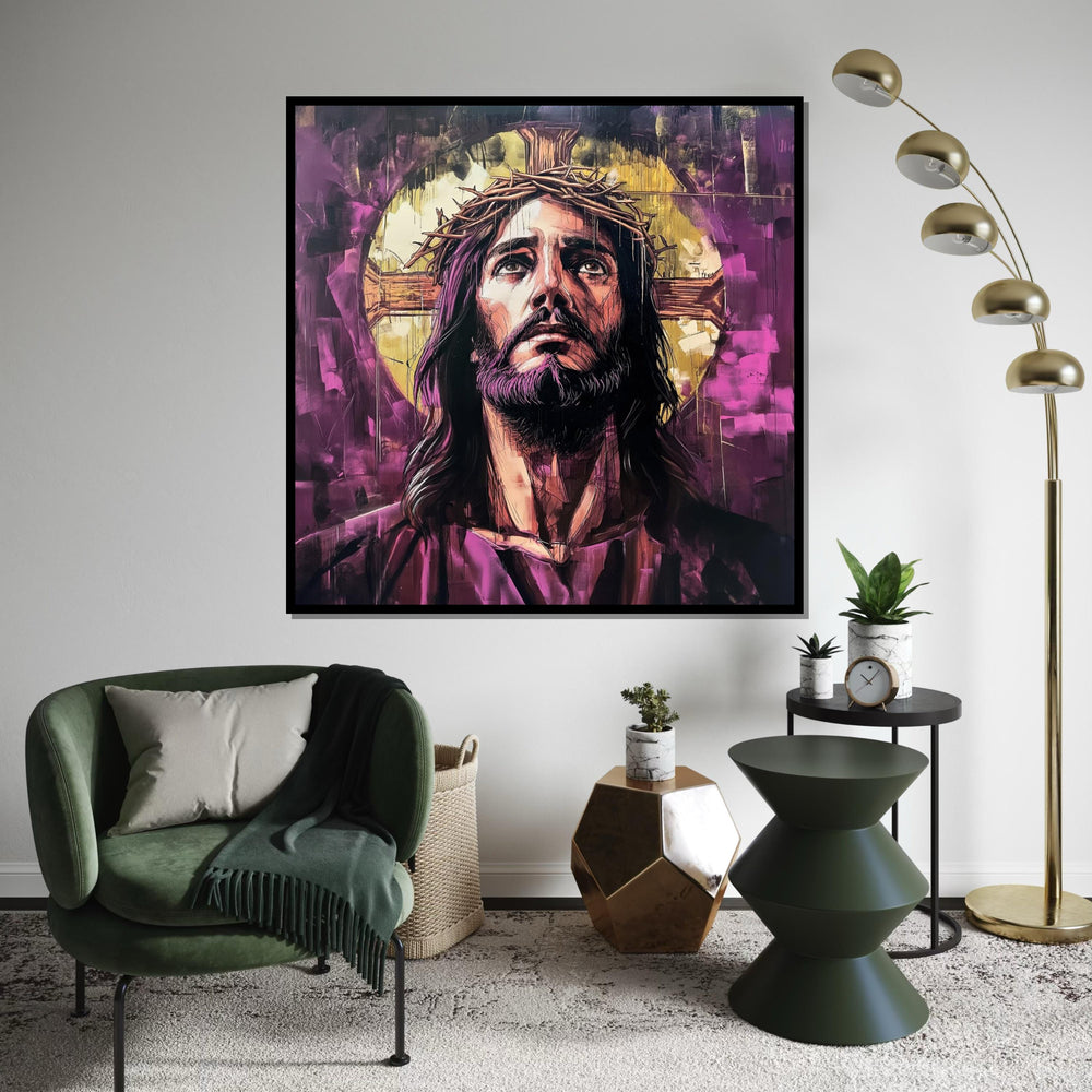 Purple Graffiti Jesus Crown of Thorns Canvas Print - Street Art Oil-Painting Style Christian Wall Art for Living Room Decor