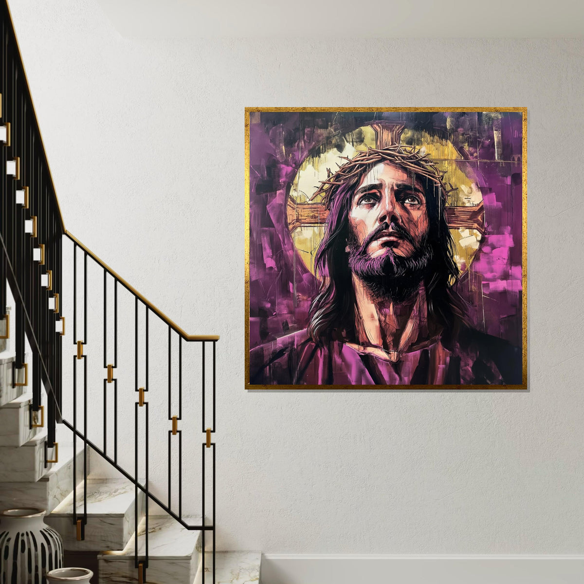 Purple Graffiti Jesus Crown of Thorns Canvas Print - Street Art Oil-Painting Style Christian Wall Art for Living Room Decor
