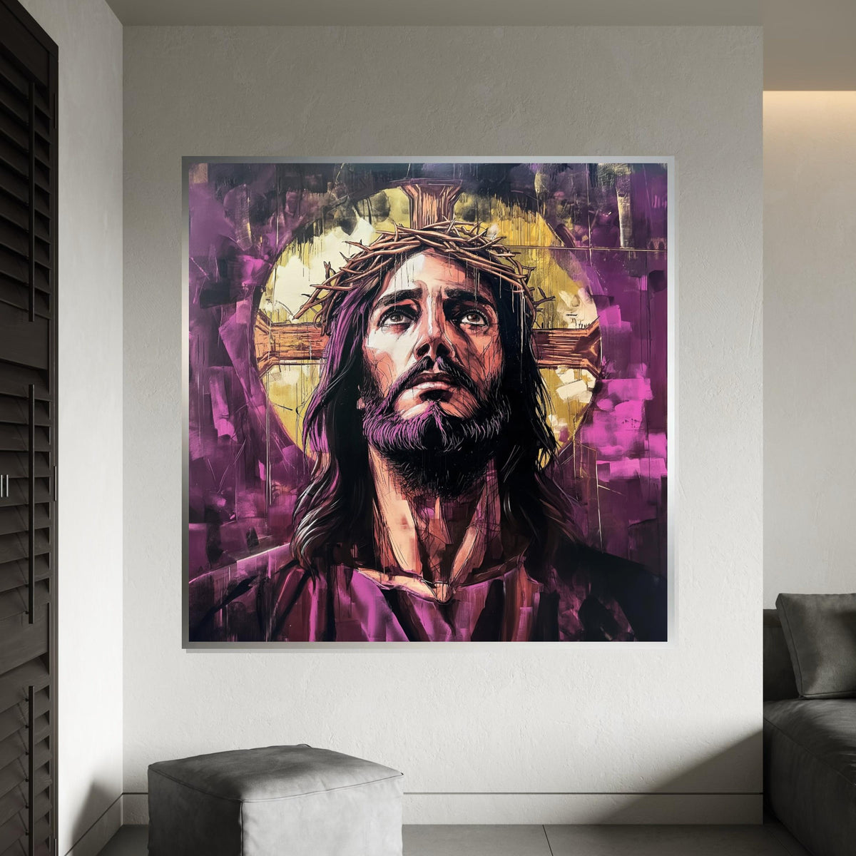 Purple Graffiti Jesus Crown of Thorns Canvas Print - Street Art Oil-Painting Style Christian Wall Art for Living Room Decor