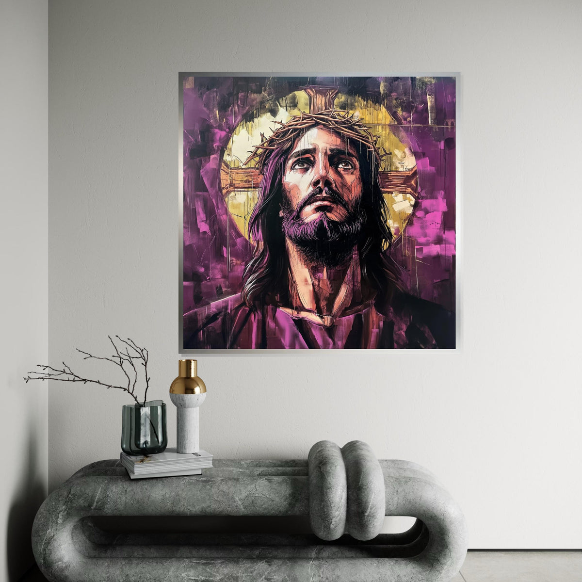 Purple Graffiti Jesus Crown of Thorns Canvas Print - Street Art Oil-Painting Style Christian Wall Art for Living Room Decor