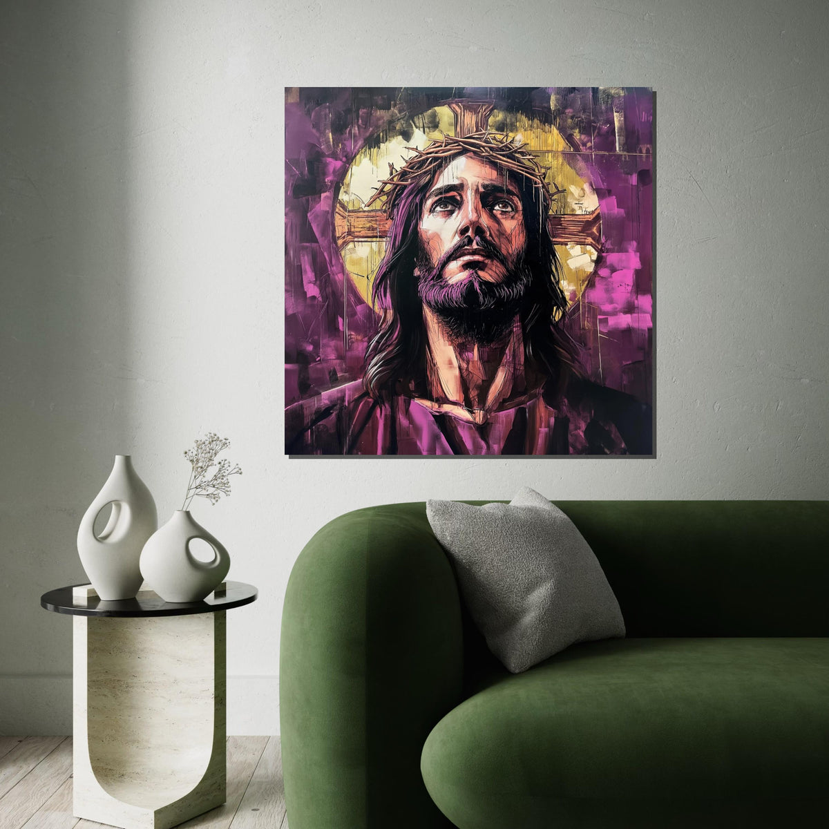 Purple Graffiti Jesus Crown of Thorns Canvas Print - Street Art Oil-Painting Style Christian Wall Art for Living Room Decor