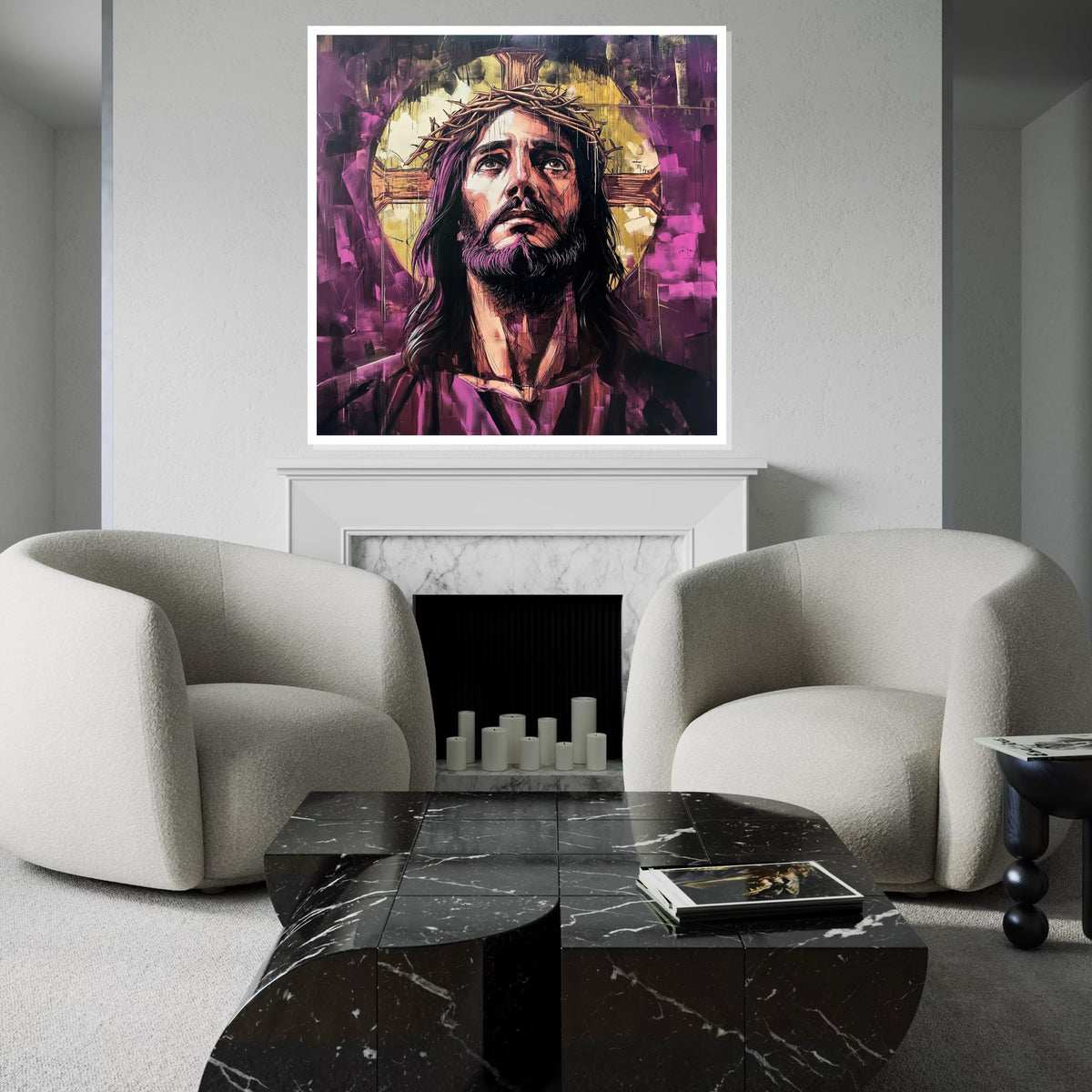 Purple Graffiti Jesus Crown of Thorns Canvas Print - Street Art Oil-Painting Style Christian Wall Art for Living Room Decor