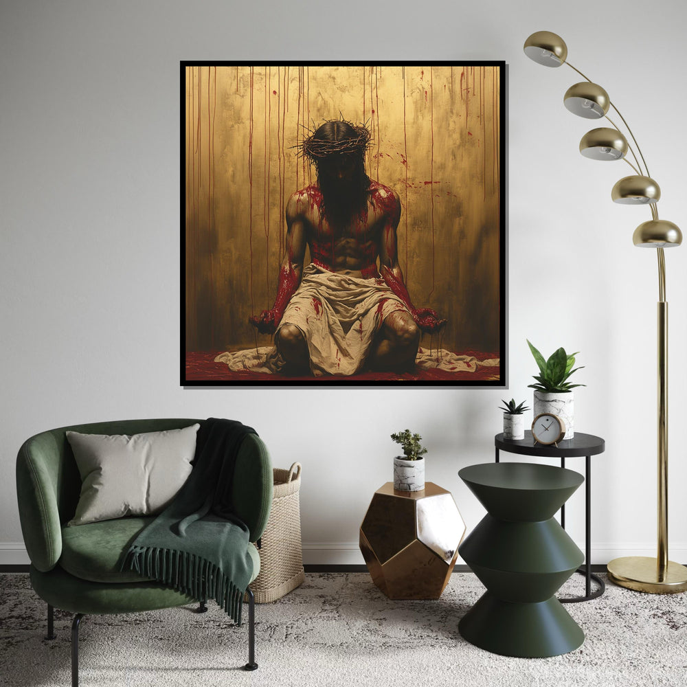 Crucifixion Jesus Crown of Thorns Canvas Print - Dramatic Gold Background Oil-Painting Style Wall Art, Passion of Christ Religious Decor