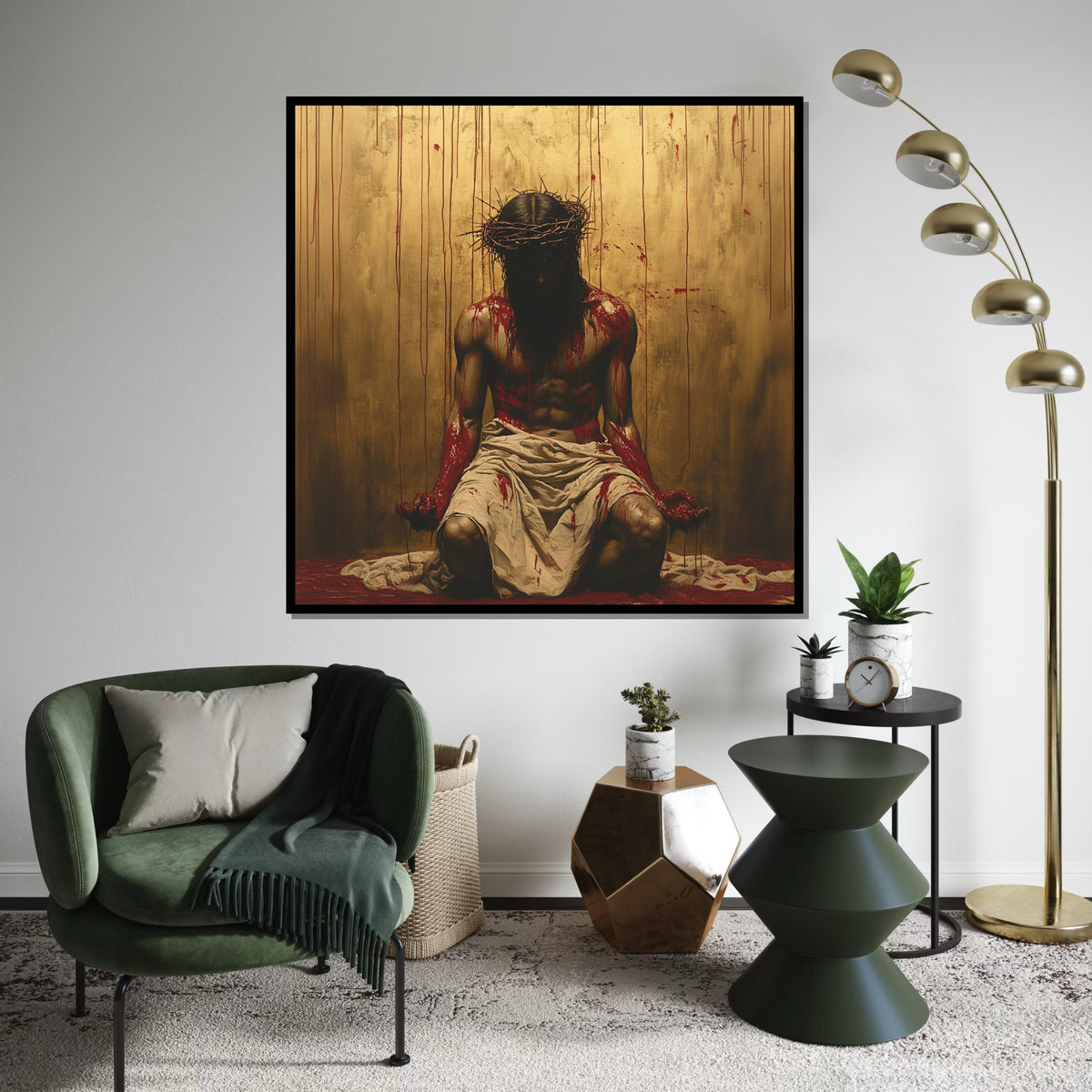 Crucifixion Jesus Crown of Thorns Canvas Print - Dramatic Gold Background Oil-Painting Style Wall Art, Passion of Christ Religious Decor