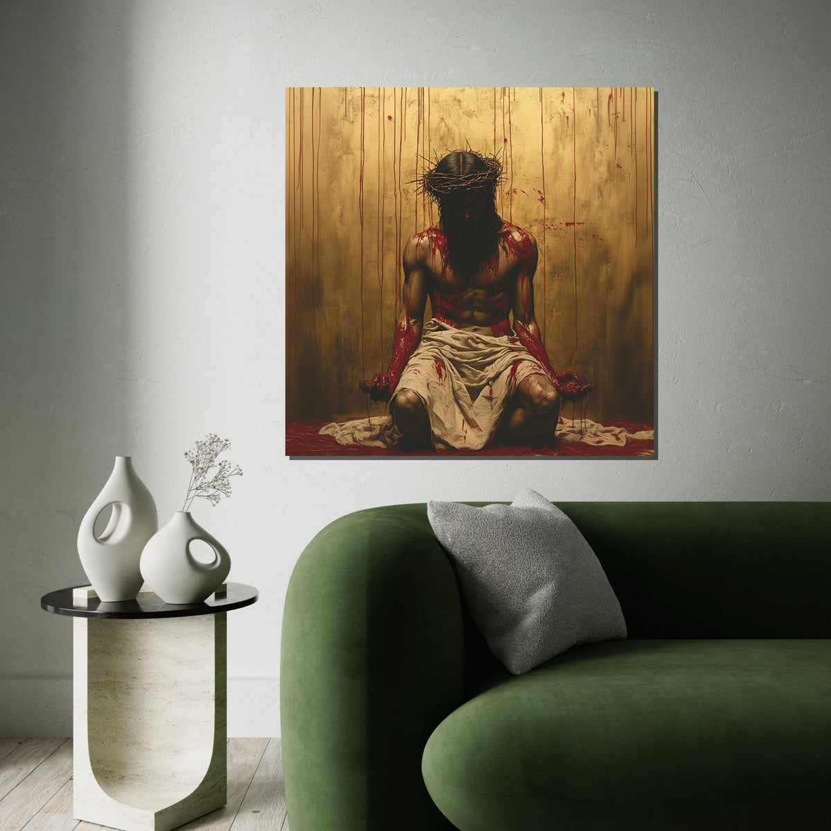 Crucifixion Jesus Crown of Thorns Canvas Print - Dramatic Gold Background Oil-Painting Style Wall Art, Passion of Christ Religious Decor