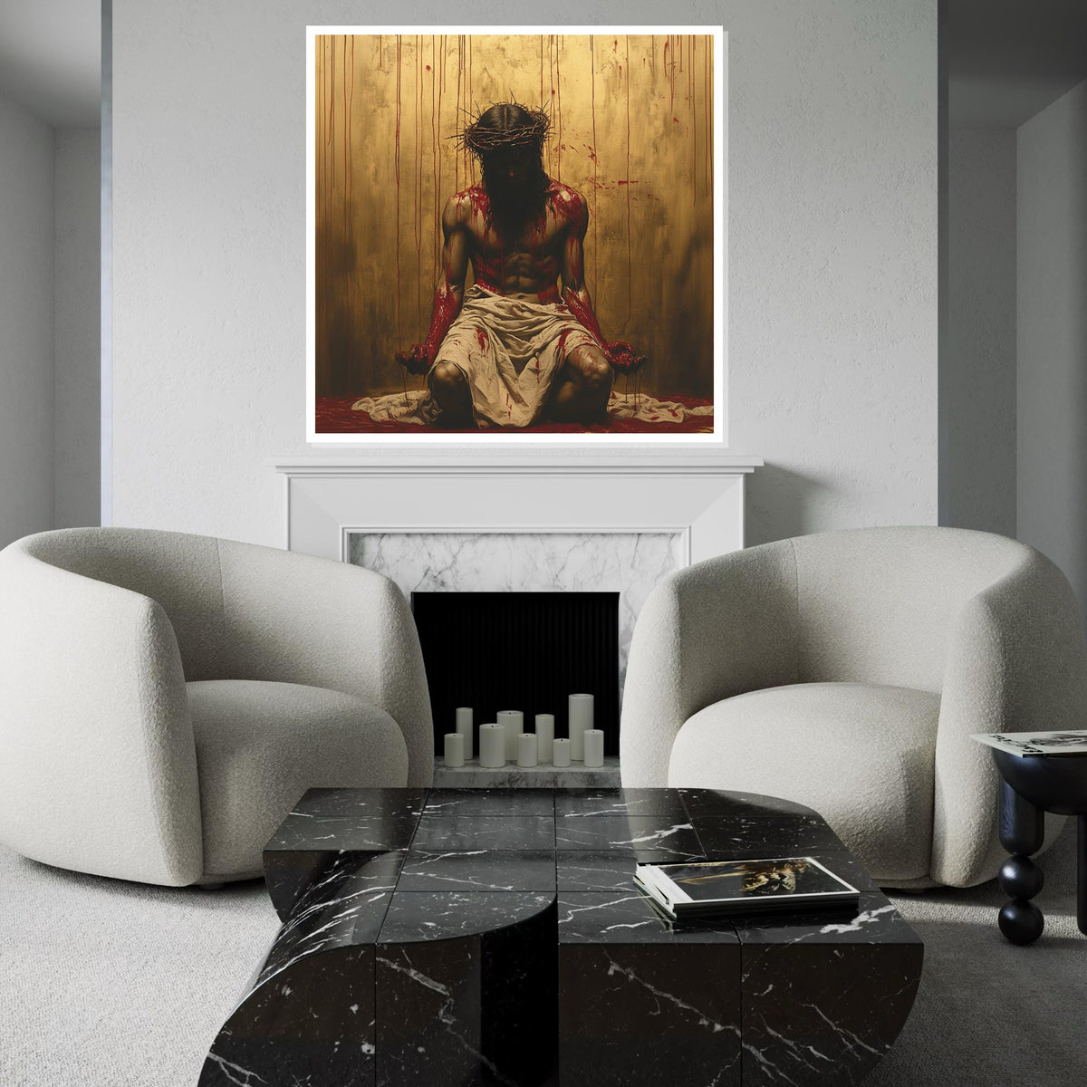 Crucifixion Jesus Crown of Thorns Canvas Print - Dramatic Gold Background Oil-Painting Style Wall Art, Passion of Christ Religious Decor