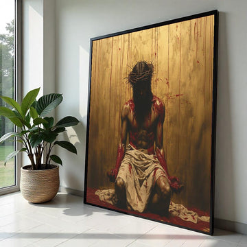 Crucifixion Jesus Crown of Thorns Canvas Print - Dramatic Gold Background Oil-Painting Style Wall Art, Passion of Christ Religious Decor