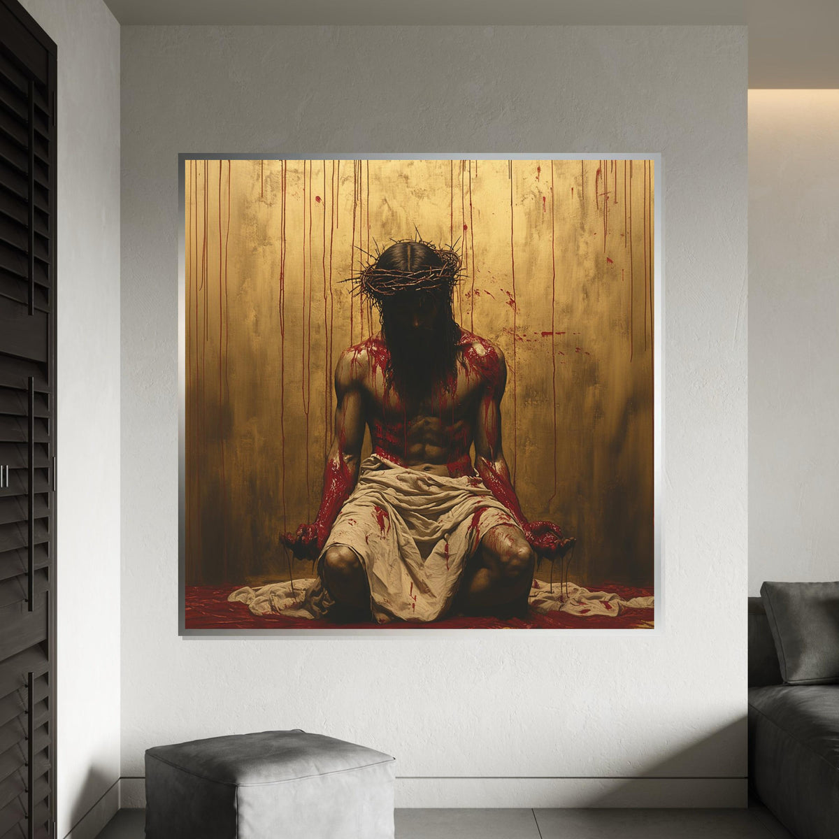 Crucifixion Jesus Crown of Thorns Canvas Print - Dramatic Gold Background Oil-Painting Style Wall Art, Passion of Christ Religious Decor