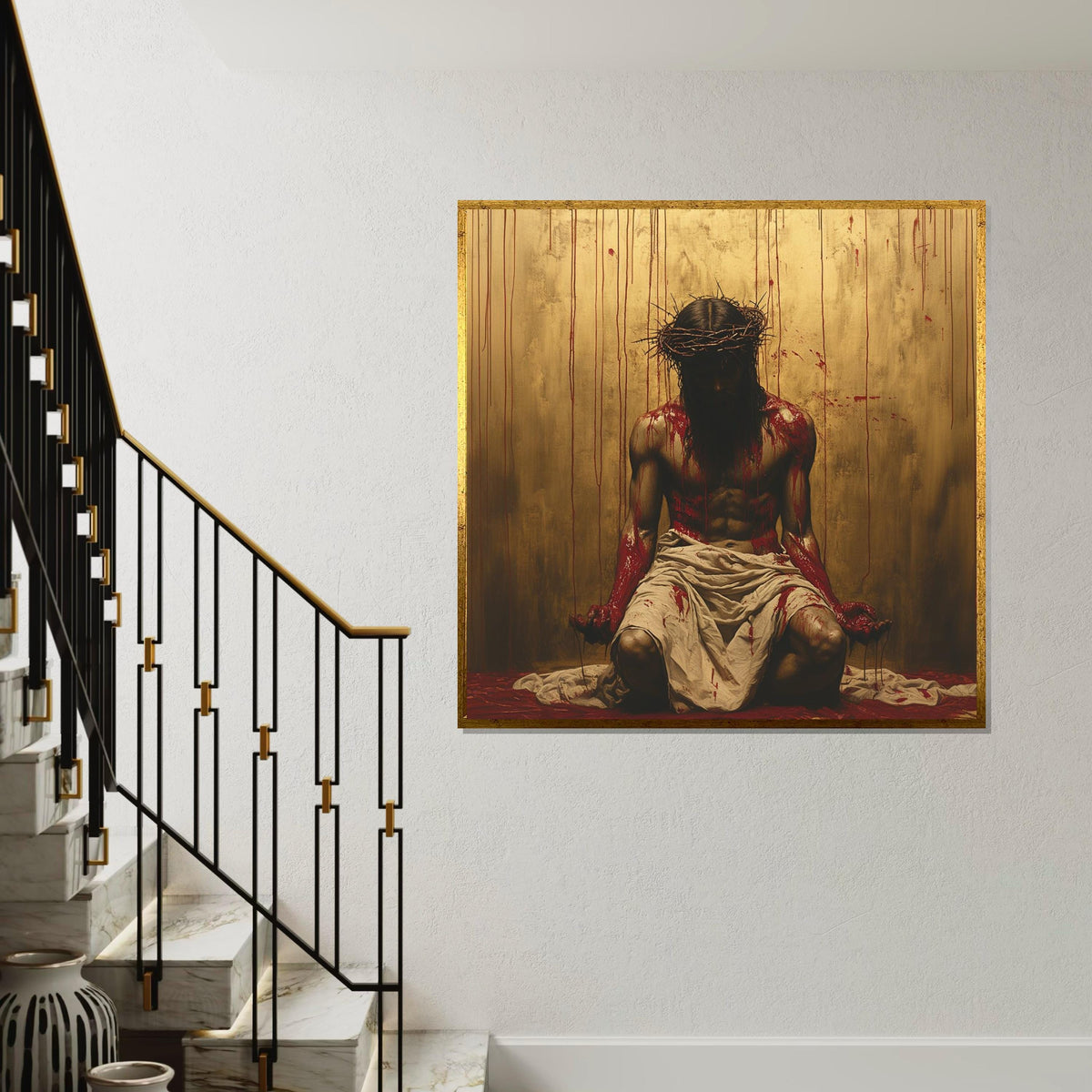 Crucifixion Jesus Crown of Thorns Canvas Print - Dramatic Gold Background Oil-Painting Style Wall Art, Passion of Christ Religious Decor