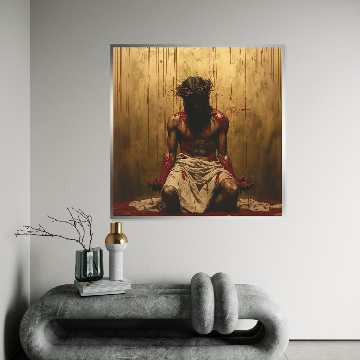 Crucifixion Jesus Crown of Thorns Canvas Print - Dramatic Gold Background Oil-Painting Style Wall Art, Passion of Christ Religious Decor
