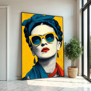 Frida Kahlo Pop Art Canvas Print - Bright Yellow and Teal Sunglass Portrait, Modern Mexican Feminist Wall Art for Living Room Decor