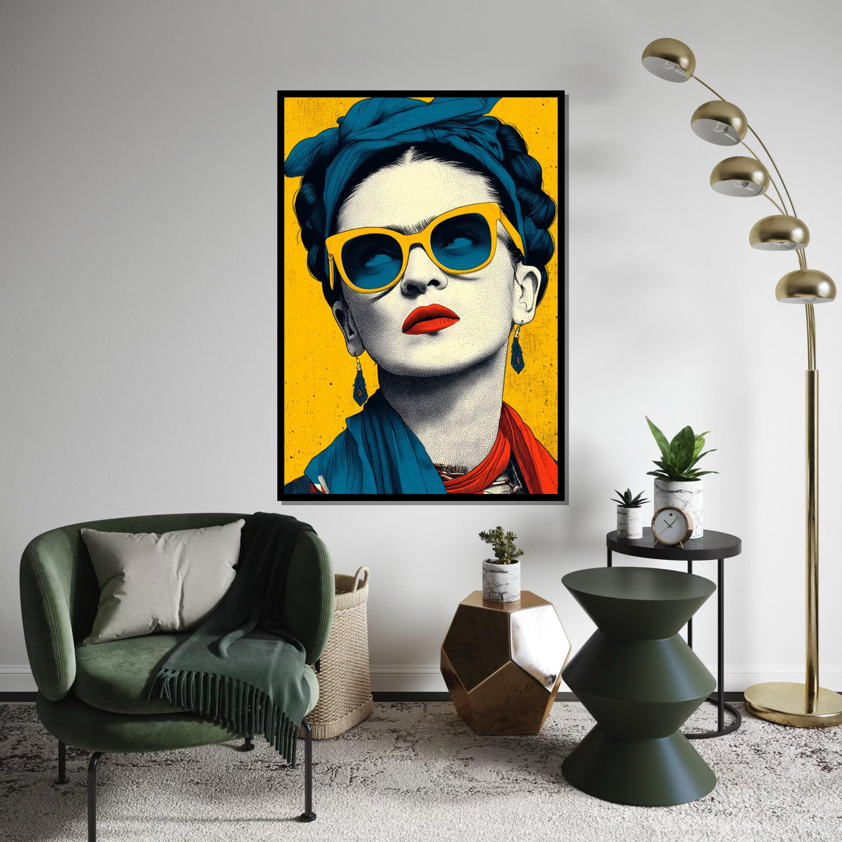 Frida Kahlo Pop Art Canvas Print - Bright Yellow and Teal Sunglass Portrait, Modern Mexican Feminist Wall Art for Living Room Decor
