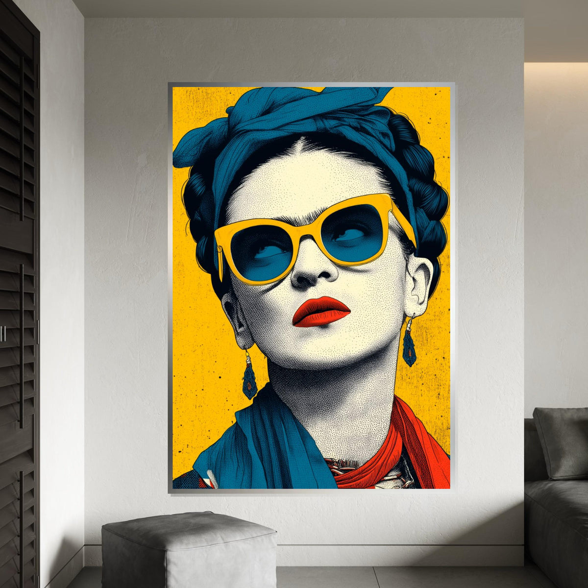 Frida Kahlo Pop Art Canvas Print - Bright Yellow and Teal Sunglass Portrait, Modern Mexican Feminist Wall Art for Living Room Decor