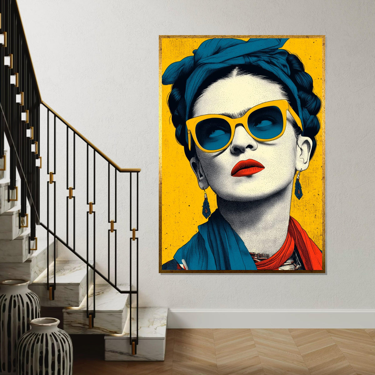 Frida Kahlo Pop Art Canvas Print - Bright Yellow and Teal Sunglass Portrait, Modern Mexican Feminist Wall Art for Living Room Decor