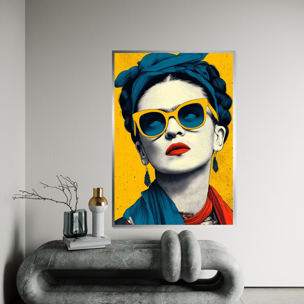 Frida Kahlo Pop Art Canvas Print - Bright Yellow and Teal Sunglass Portrait, Modern Mexican Feminist Wall Art for Living Room Decor