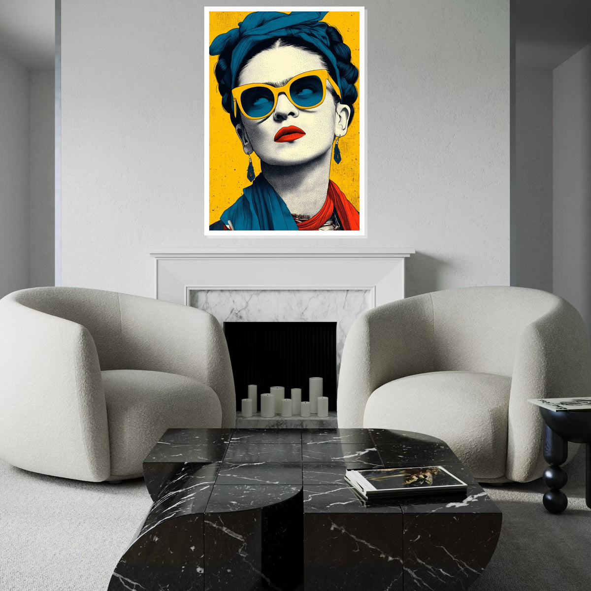 Frida Kahlo Pop Art Canvas Print - Bright Yellow and Teal Sunglass Portrait, Modern Mexican Feminist Wall Art for Living Room Decor