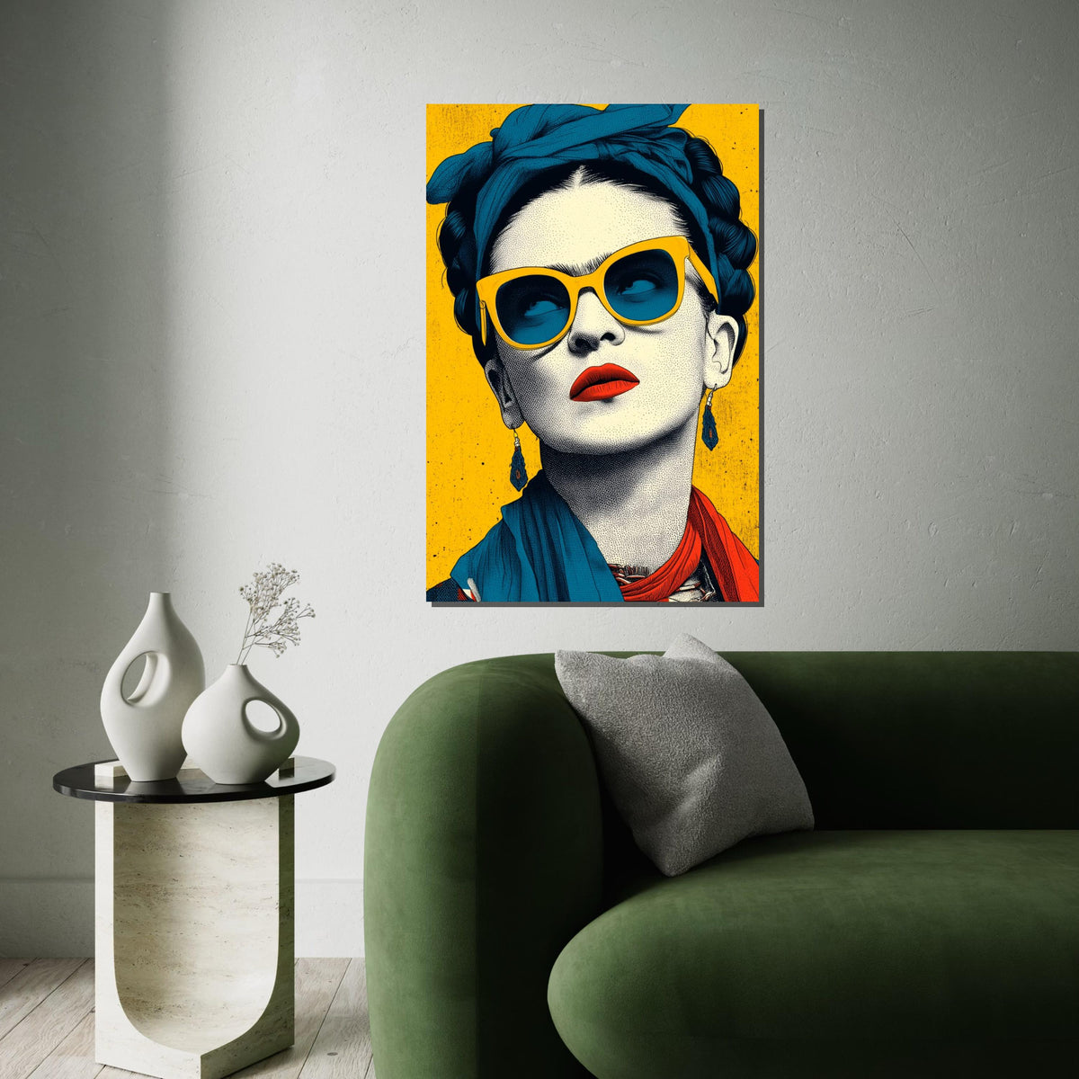 Frida Kahlo Pop Art Canvas Print - Bright Yellow and Teal Sunglass Portrait, Modern Mexican Feminist Wall Art for Living Room Decor