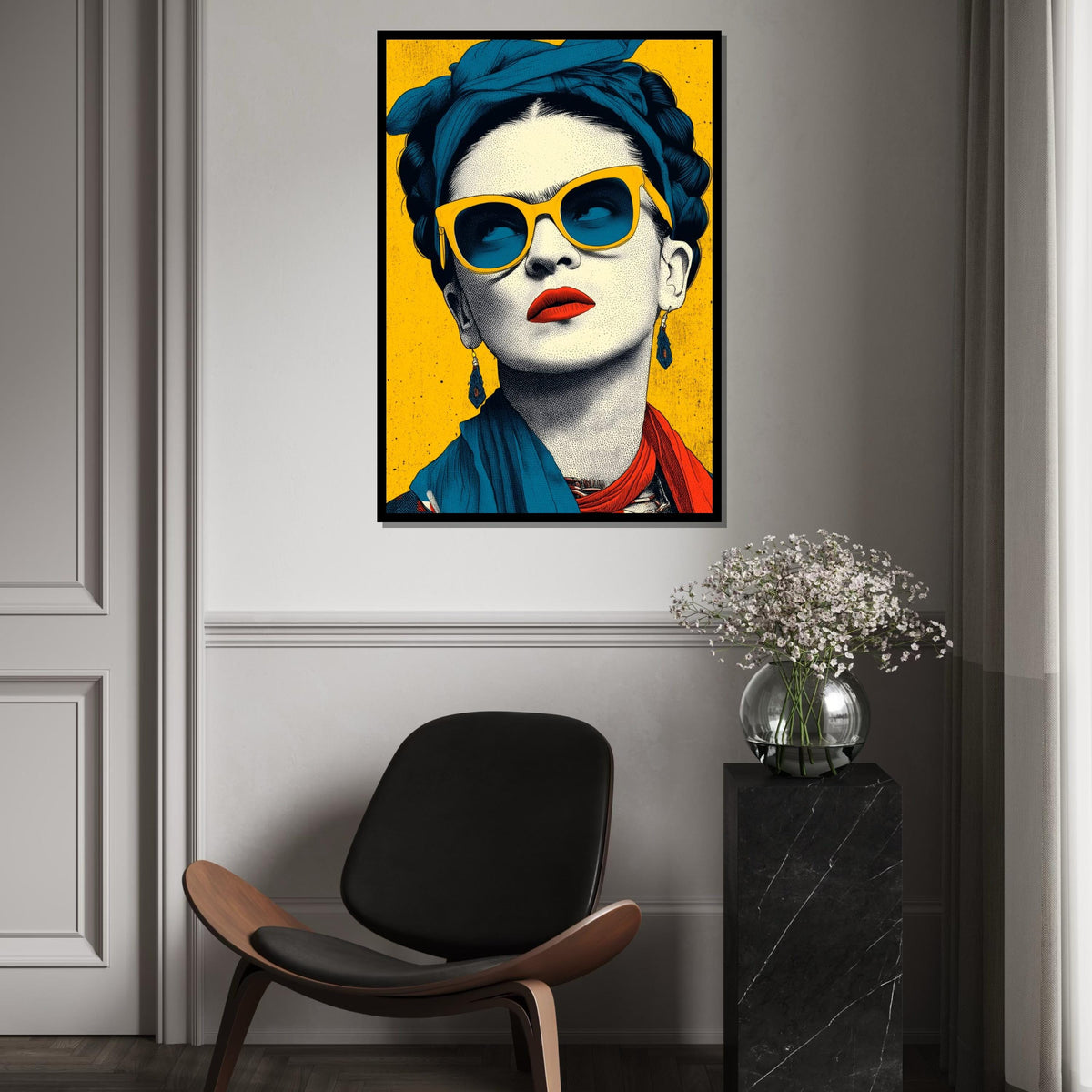 Frida Kahlo Pop Art Canvas Print - Bright Yellow and Teal Sunglass Portrait, Modern Mexican Feminist Wall Art for Living Room Decor
