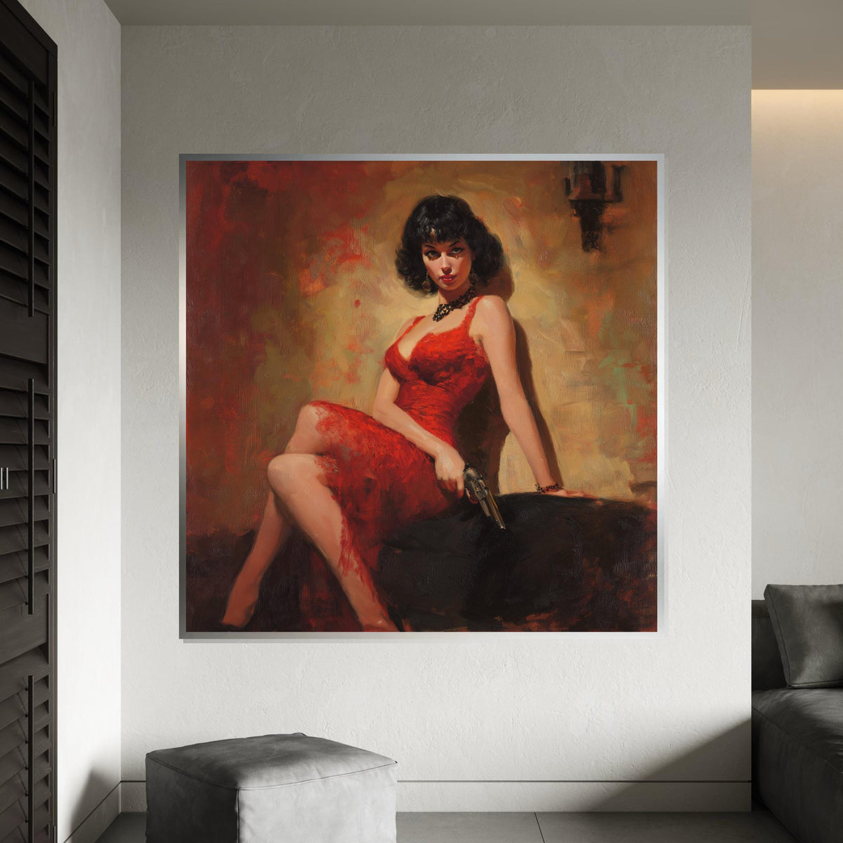 Femme Fatale in Red Dress Canvas Print – Pulp Noir Style Print, Vintage Gun Glam Wall Art for Bar, Office, Game Room Decor