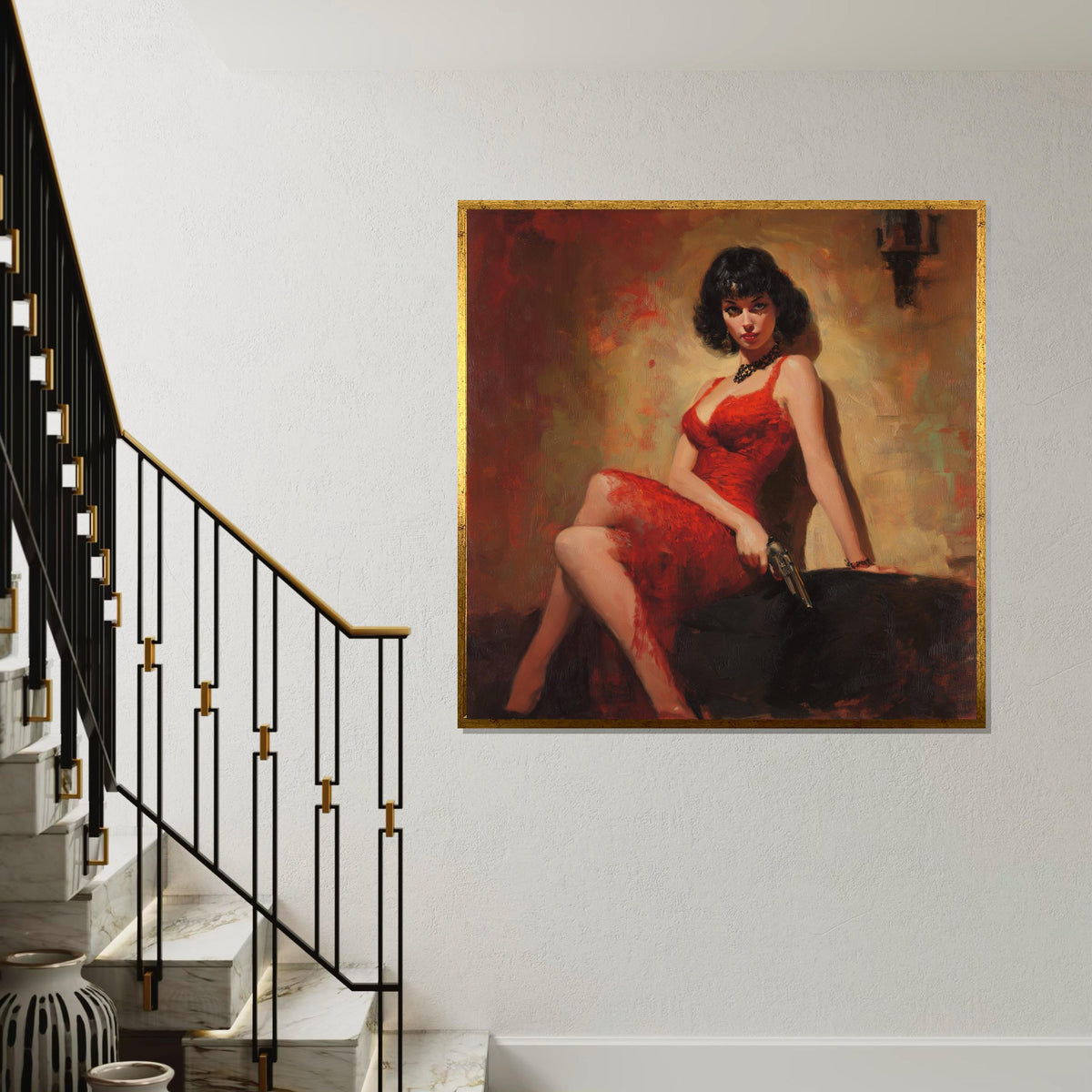 Femme Fatale in Red Dress Canvas Print – Pulp Noir Style Print, Vintage Gun Glam Wall Art for Bar, Office, Game Room Decor