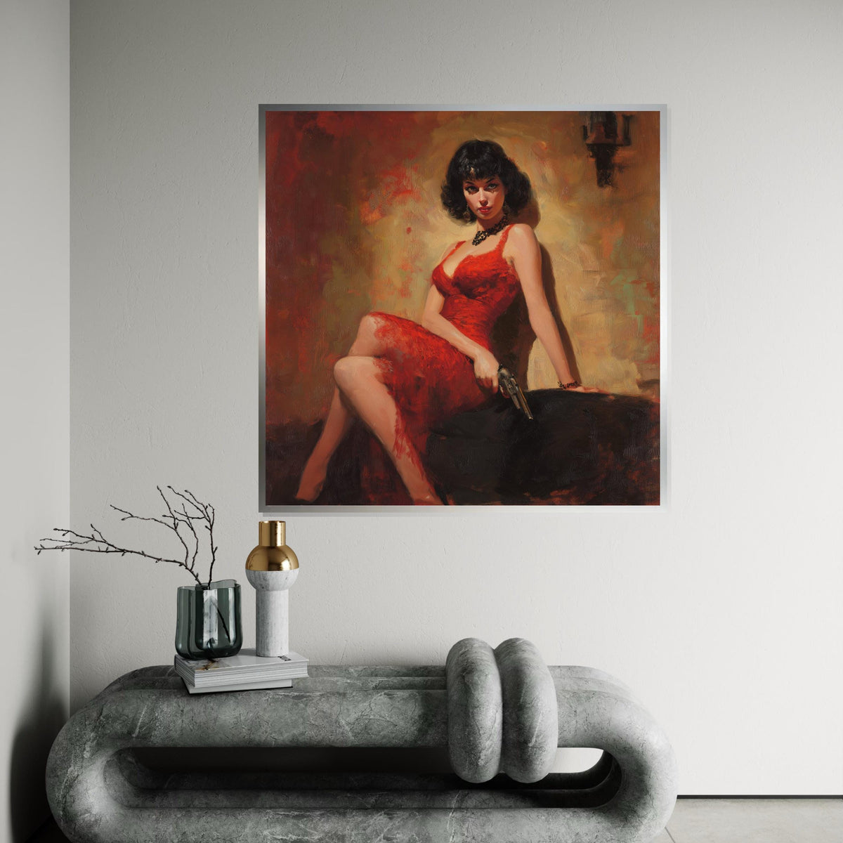 Femme Fatale in Red Dress Canvas Print – Pulp Noir Style Print, Vintage Gun Glam Wall Art for Bar, Office, Game Room Decor