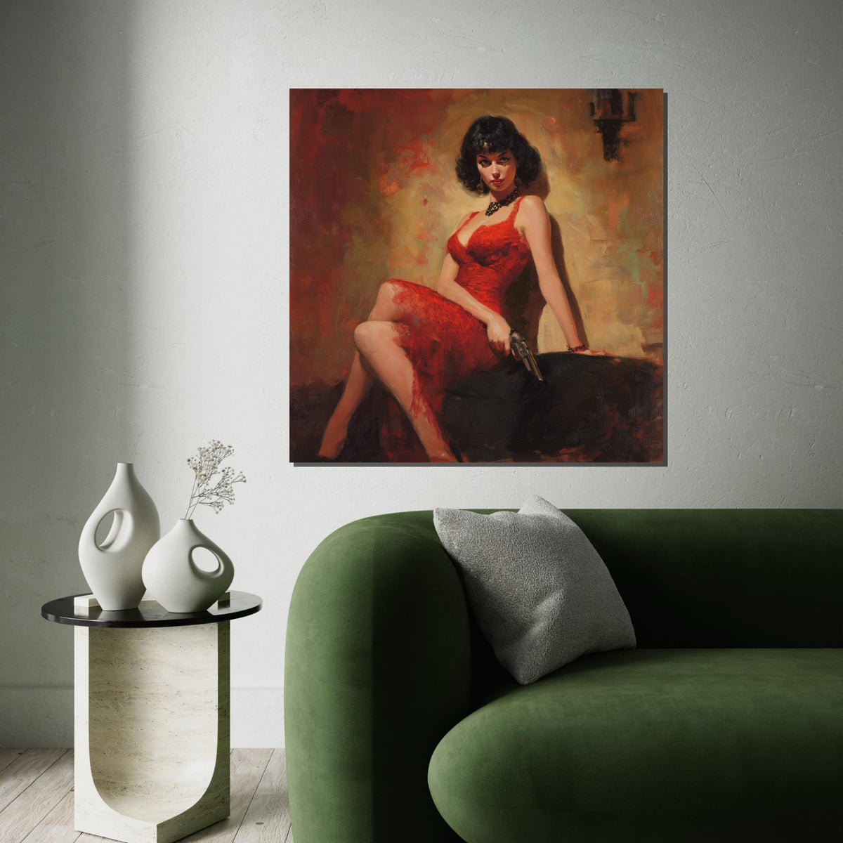 Femme Fatale in Red Dress Canvas Print – Pulp Noir Style Print, Vintage Gun Glam Wall Art for Bar, Office, Game Room Decor