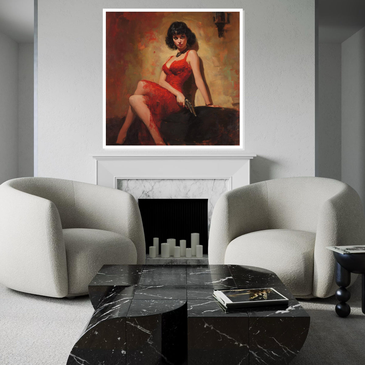 Femme Fatale in Red Dress Canvas Print – Pulp Noir Style Print, Vintage Gun Glam Wall Art for Bar, Office, Game Room Decor