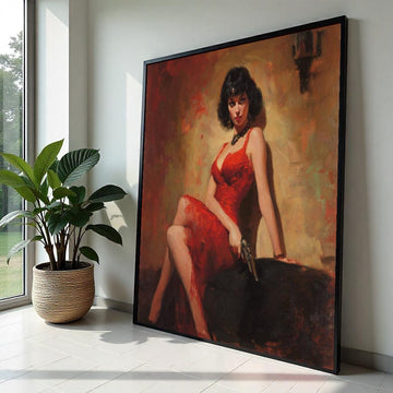 Femme Fatale in Red Dress Canvas Print – Pulp Noir Style Print, Vintage Gun Glam Wall Art for Bar, Office, Game Room Decor